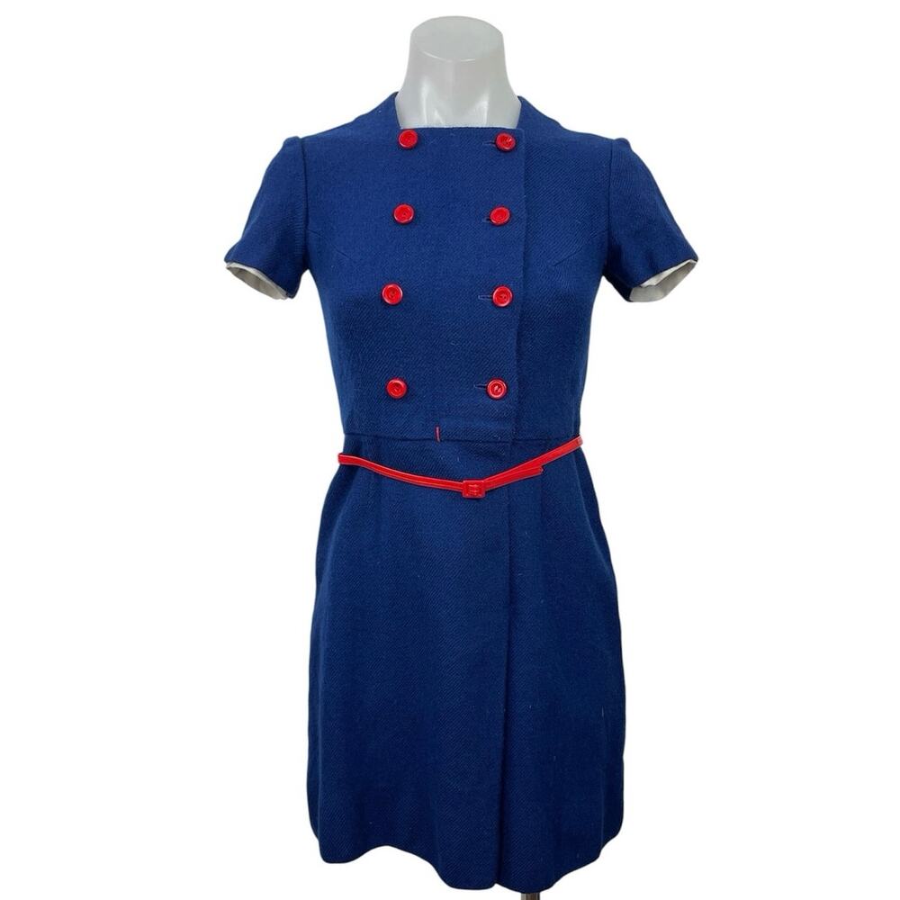 Vintage Lanz Blue Short Sleeve Double Breasted Retro Mini Sheath Dress Size M